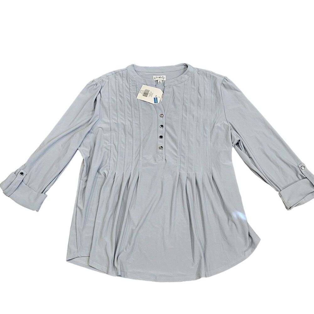Wonderly Women's Casual Top Roll Tab Henley Size XL Magpie Aqua NWT